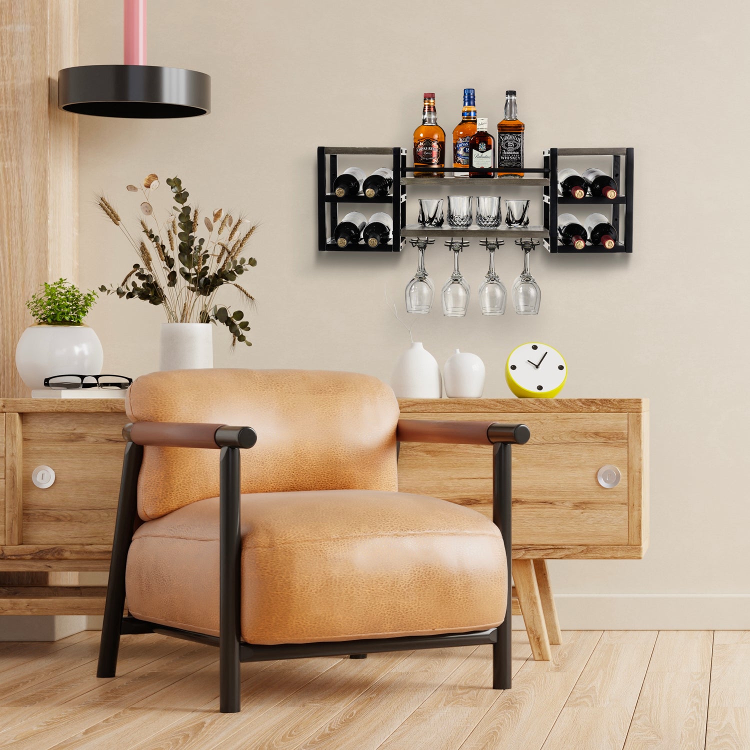Wall mounted wine glasses and bottle display in a den room with comfy chair