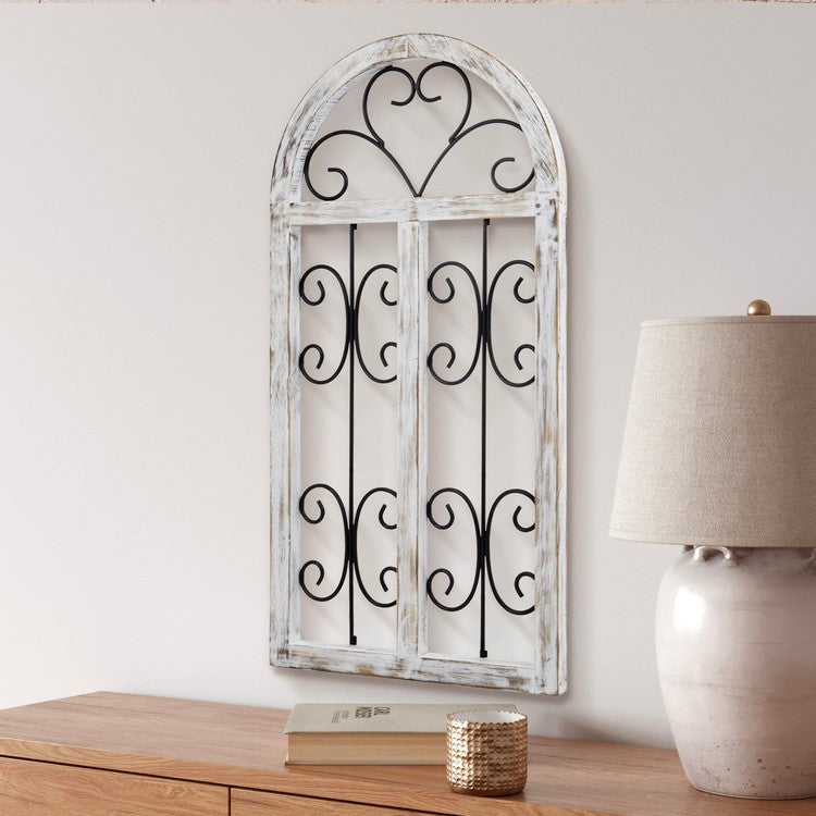 White Wood and Black Metal Scrollwork Arched Window Frame Wall Decoration, Hanging Distressed Wooden Panel-MyGift