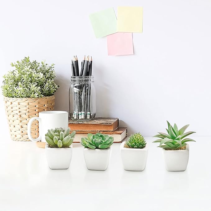 Miniature Artificial Succulent w/ Square White Ceramic Plant Pots, Set of 4