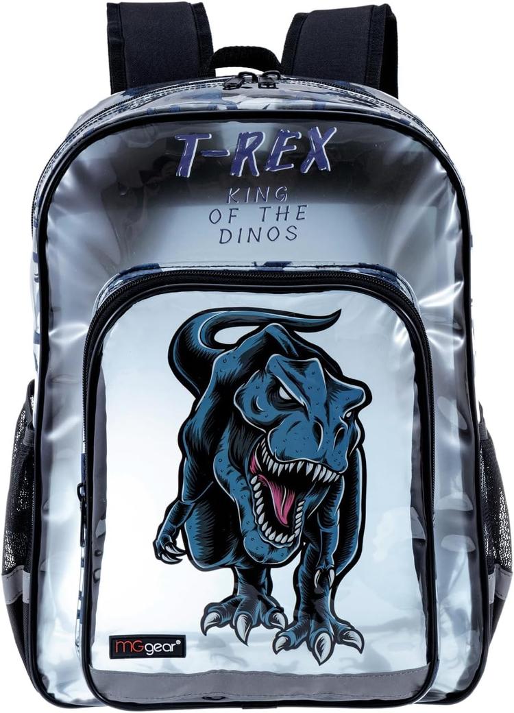 16 Inch Clear Blue Tinted PVC School Backpack with Black Trim, T-REX KING OF THE DINOS and Tyrannosaurus Rex Dinosaur