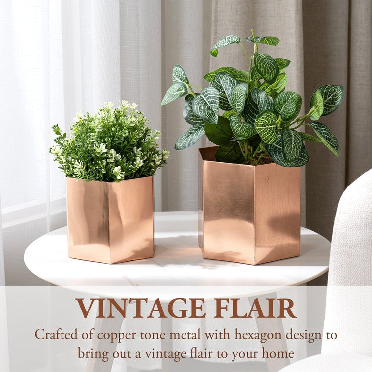 Handcrafted Metallic Shiny Copper Tone Metal Indoor Plant Vase Pot with Hexagon Shape, Handmade in India-MyGift