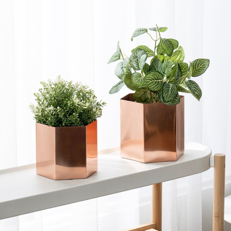 Handcrafted Metallic Shiny Copper Tone Metal Indoor Plant Vase Pot with Hexagon Shape, Handmade in India-MyGift