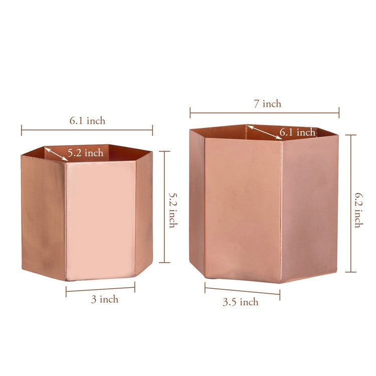 Handcrafted Metallic Shiny Copper Tone Metal Indoor Plant Vase Pot with Hexagon Shape, Handmade in India-MyGift