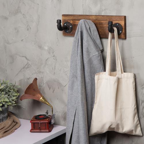 Industrial Style Wood & Pipe 3-Hook Coat Rack - Mygiftss