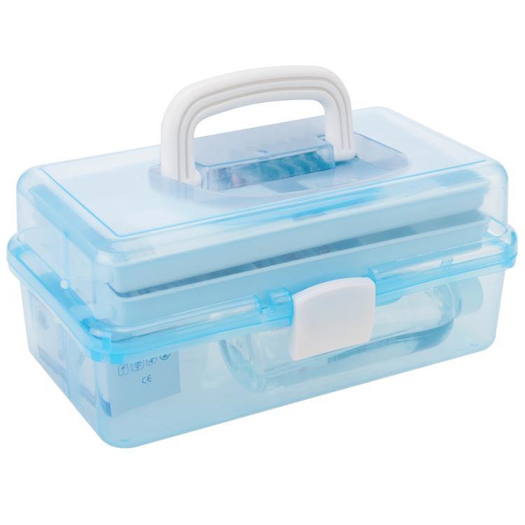 Transparent Blue Plastic Multipurpose Storage Box w/Handle & Expandable Trays - Mygiftss
