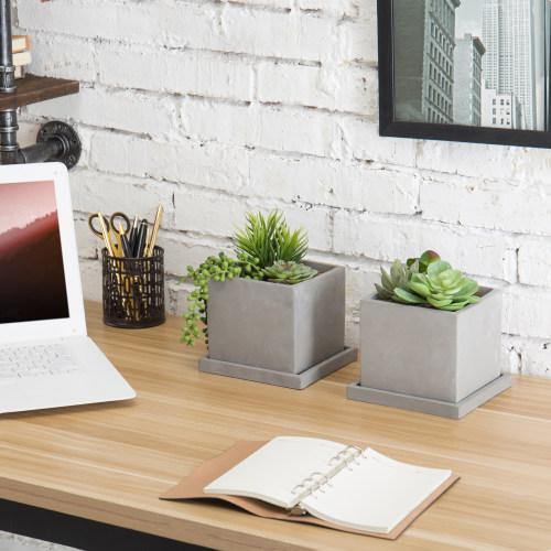 Gray Clay Cube Planters with Removable Trays, Set of 2 - Mygiftss