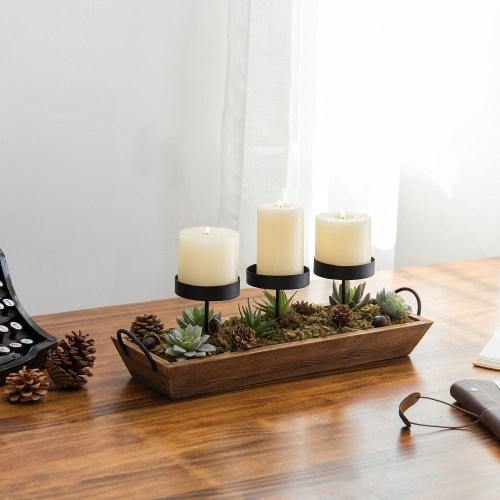 3-Pillar Candle Holder with Rustic Wood Tray - Mygiftss
