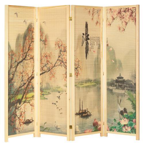 4-Panel Asian-Inspired Bamboo Room Divider, Cherry Blossom - Mygiftss