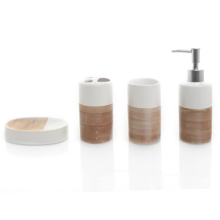 4 Pc White & Beige Ceramic Bath Set - Mygiftss