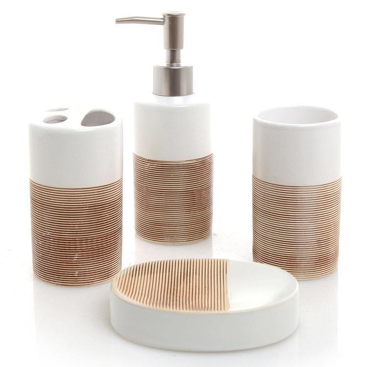 4 Pc White & Beige Ceramic Bath Set - Mygiftss