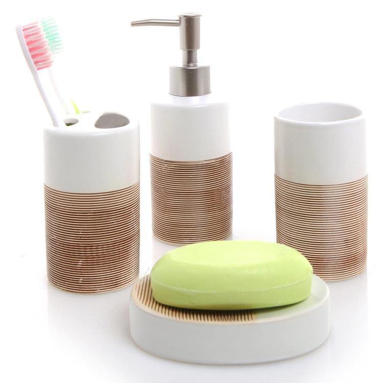 4 Pc White & Beige Ceramic Bath Set - Mygiftss