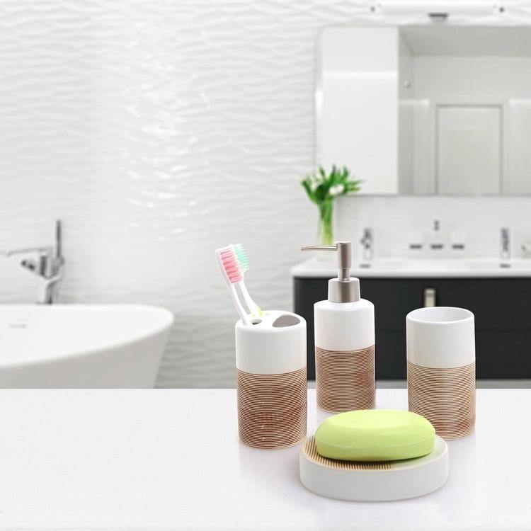 4 Pc White & Beige Ceramic Bath Set - Mygiftss
