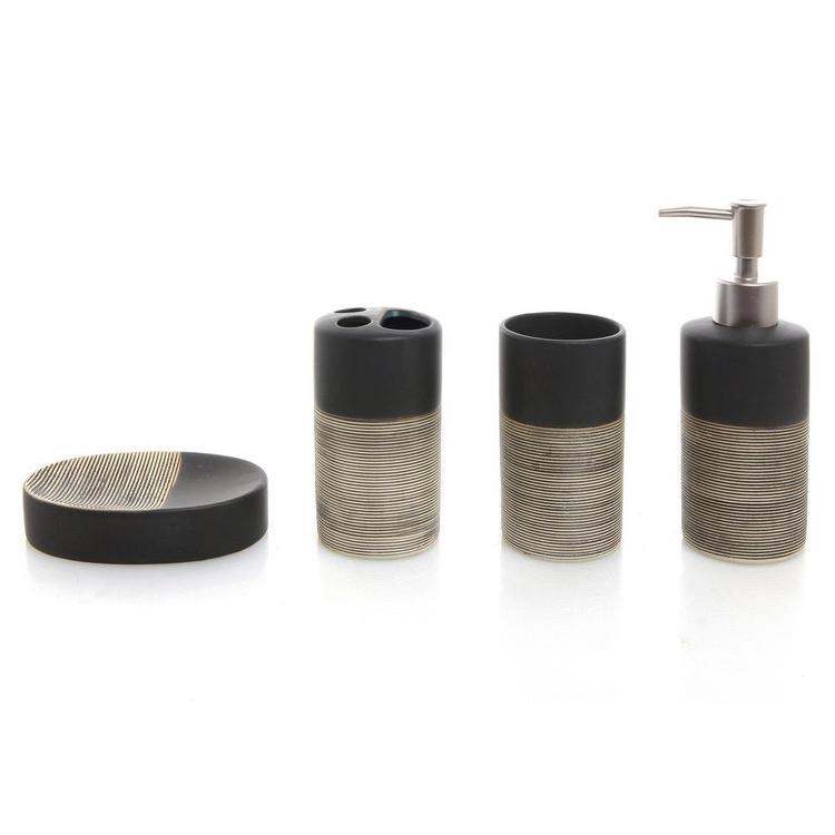 Deluxe 4 Piece Black & Gray Ceramic Bath Set w/ Soap Dispenser, Toothbrush Holder, Tumbler & Soap Dish - Mygiftss Enterprise LLC