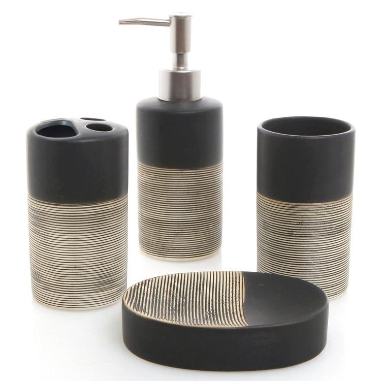 Deluxe 4 Piece Black & Gray Ceramic Bath Set w/ Soap Dispenser, Toothbrush Holder, Tumbler & Soap Dish - Mygiftss Enterprise LLC