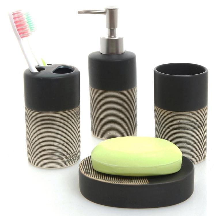Deluxe 4 Piece Black & Gray Ceramic Bath Set w/ Soap Dispenser, Toothbrush Holder, Tumbler & Soap Dish - Mygiftss Enterprise LLC