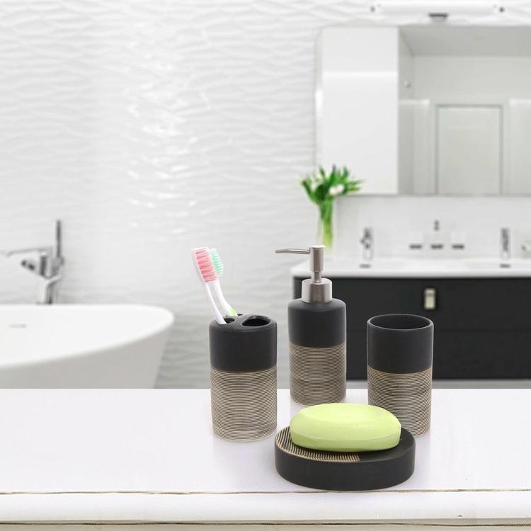 Deluxe 4 Piece Black & Gray Ceramic Bath Set w/ Soap Dispenser, Toothbrush Holder, Tumbler & Soap Dish - Mygiftss Enterprise LLC