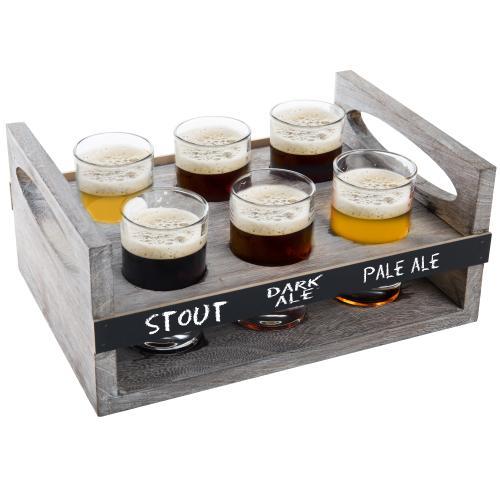 Mygiftss 6-Glass Craft Beer Tasting Flight Set with Rustic Wood Serving Caddy - Mygiftss Enterprise LLC