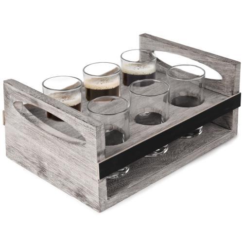 Mygiftss 6-Glass Craft Beer Tasting Flight Set with Rustic Wood Serving Caddy - Mygiftss Enterprise LLC