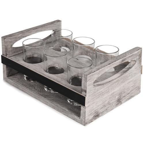 Mygiftss 6-Glass Craft Beer Tasting Flight Set with Rustic Wood Serving Caddy - Mygiftss Enterprise LLC
