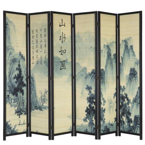 6-Panel Bamboo Room Divider with Asian Calligraphy Artwork - Mygiftss
