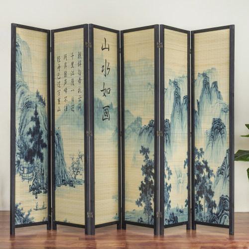 6-Panel Bamboo Room Divider with Asian Calligraphy Artwork - Mygiftss