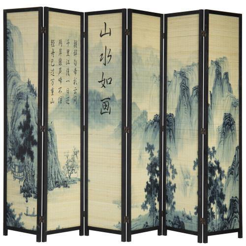 6-Panel Bamboo Room Divider with Asian Calligraphy Artwork - Mygiftss