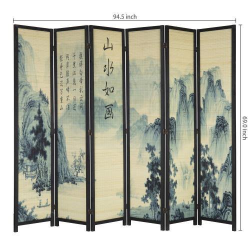 6-Panel Bamboo Room Divider with Asian Calligraphy Artwork - Mygiftss