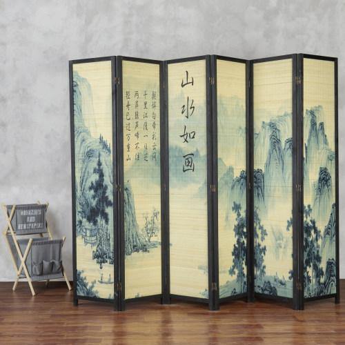 6-Panel Bamboo Room Divider with Asian Calligraphy Artwork - Mygiftss