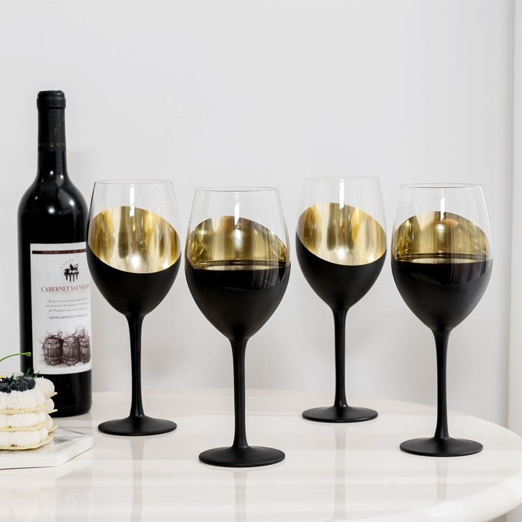 Black and Gold Stemmed Wine Glasses, Metallic Interior Accent Glass Stemware, Set of 6-MyGift
