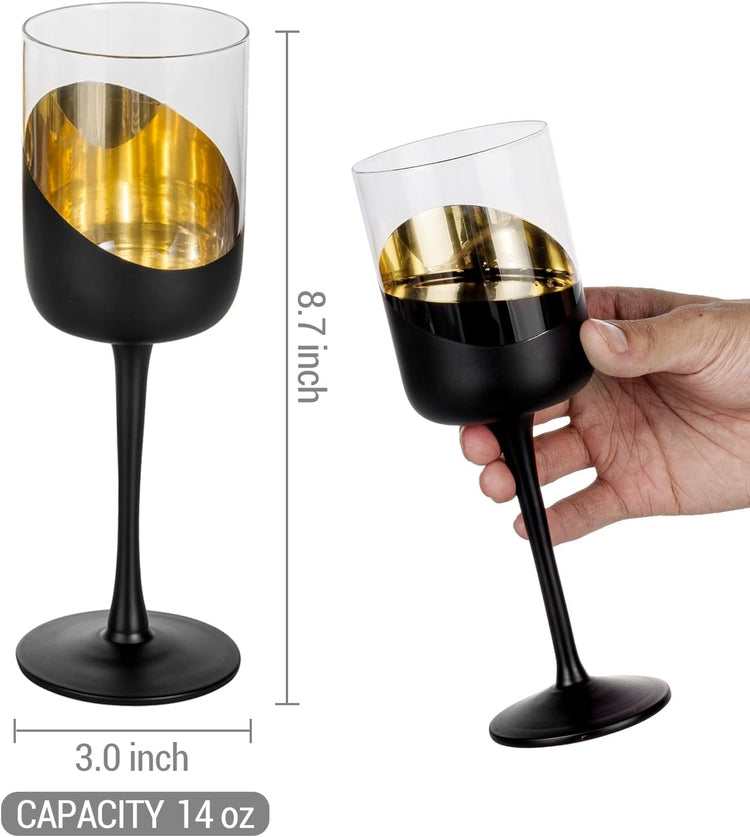 Set of 4, 14 oz Tilted Matte Black and Gold Tone Plated Round Stemmed Wine Goblet Glasses, Angled Dipped Stemware-MyGift