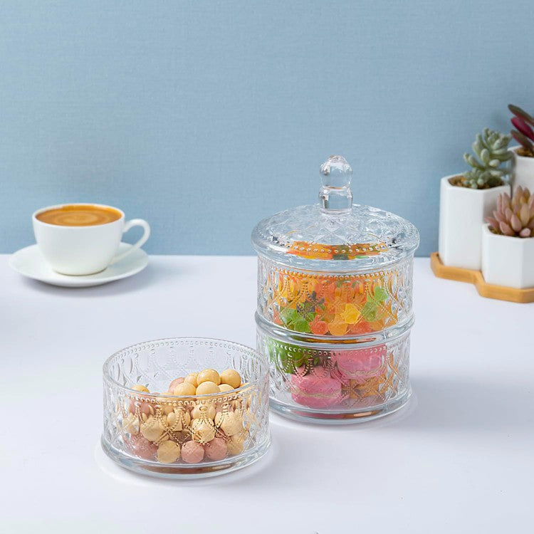 3 Tier Vintage Embossed Diamond Cut Pattern Clear Glass Stacking Storage Container, Candy Dish-MyGift
