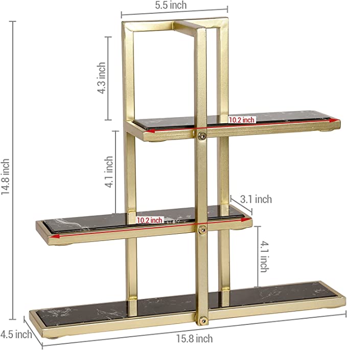 3 Tier Rectangular Dessert Display Holder, Black Marble and Gold Metal Cupcake Stand-MyGift