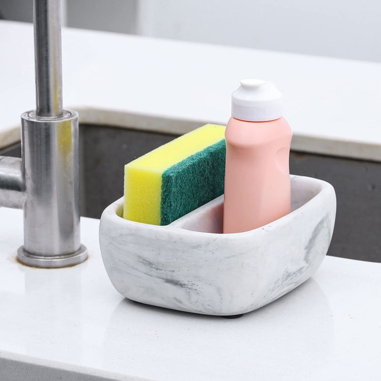 White Marble Pattern Resin Stylish Kitchen Sponge Holder Bowl-MyGift