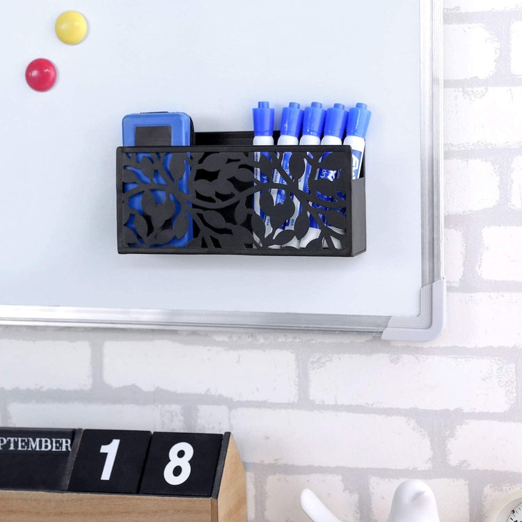 Magnetic Floral Pattern Black Metal Dry Erase Whiteboard Marker Supplies Basket Organizer-MyGift