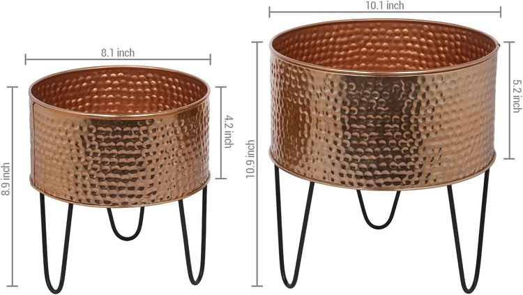 Set of 2, Hammered Style Copper Tone Galvanized Metal Planter Pots with Matte Black Metal Wire Stand-MyGift