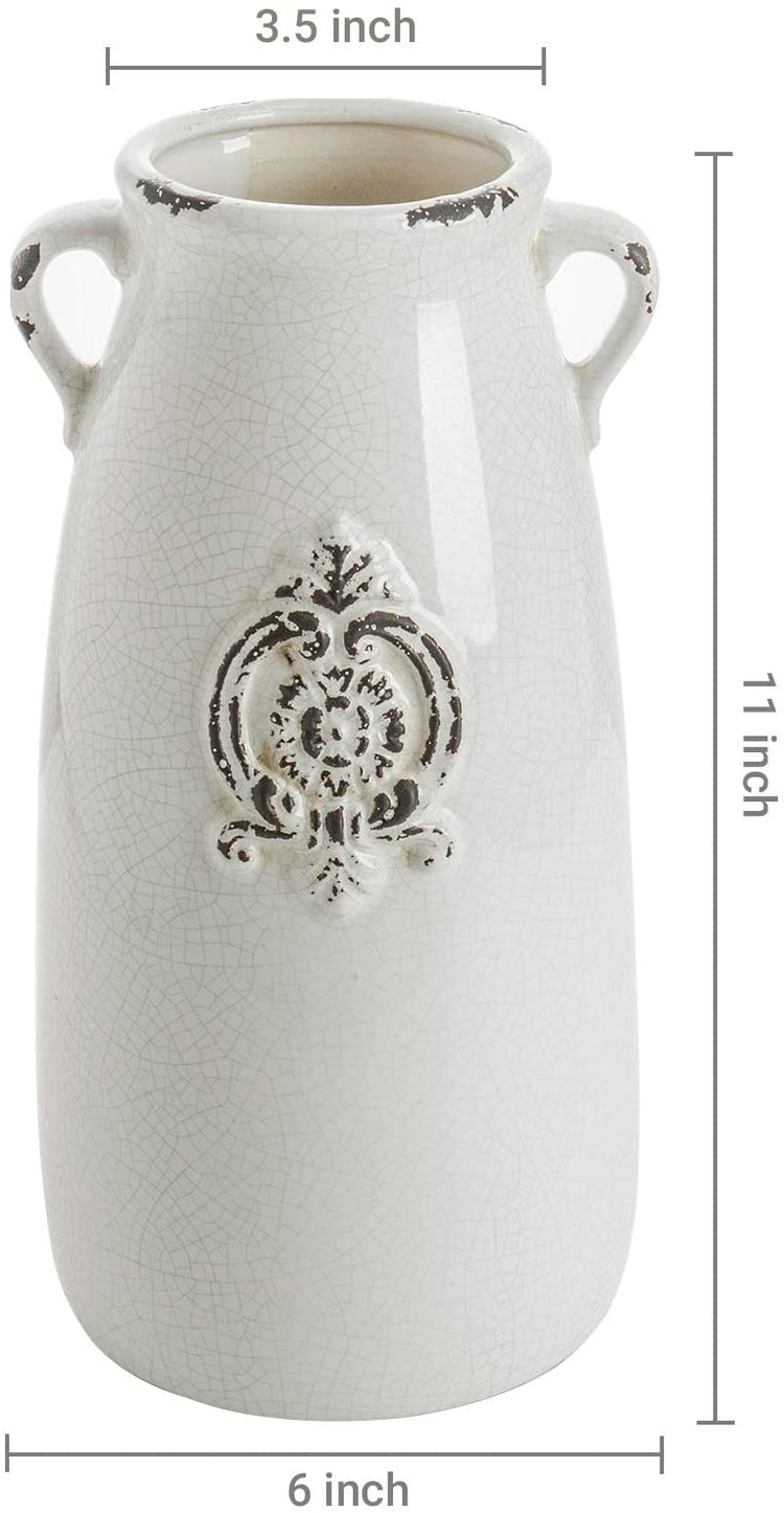 Farmhouse Style Antique White Ceramic Vase with Handle-MyGift