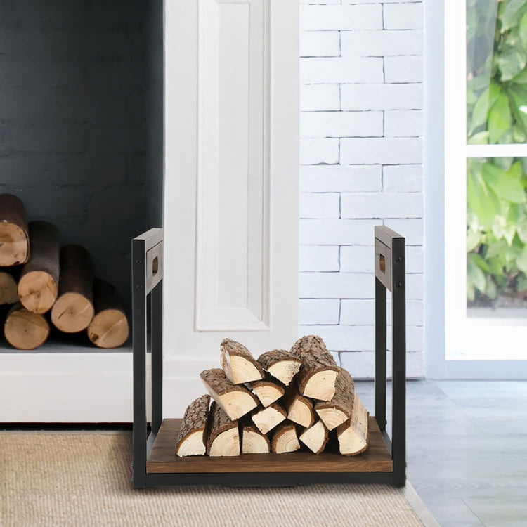 Indoor Firewood Rack with Handles, Burnt Brown Wood and Matte Black Metal Freestanding Fireplace Log Holder Storage-MyGift