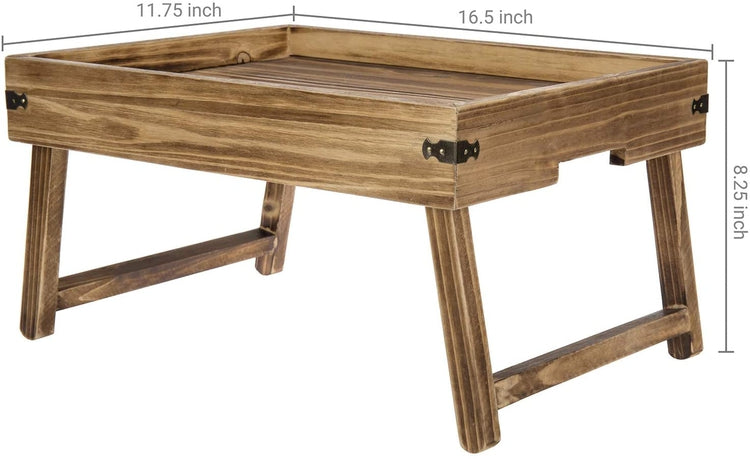 Rustic Dark Brown Wood Breakfast Serving Tray with Foldable Legs-MyGift