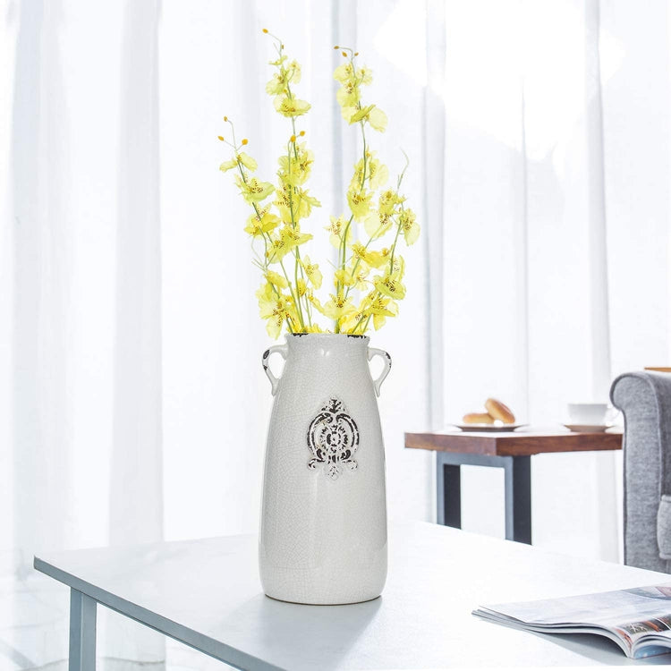 Farmhouse Style Antique White Ceramic Vase with Handle-MyGift