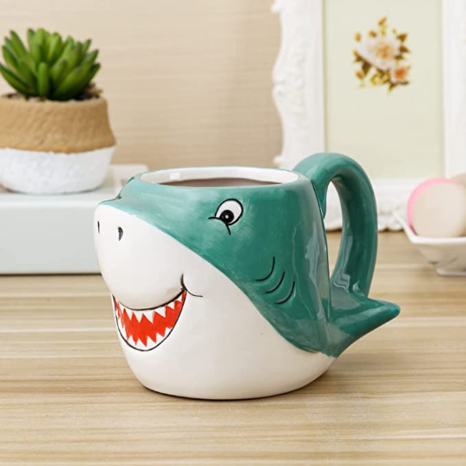 Blue Ceramic Baby Shark Shaped Mug with Handle and Cartoon Smiling Shark Design, Novelty Gift Mugs-MyGift