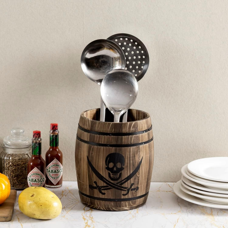 Burnt Wood Pirates Rum Cask Utensil Crock, French Wine Barrel Cooking Tool Holder with Skull and Cutlass Sword Design-MyGift