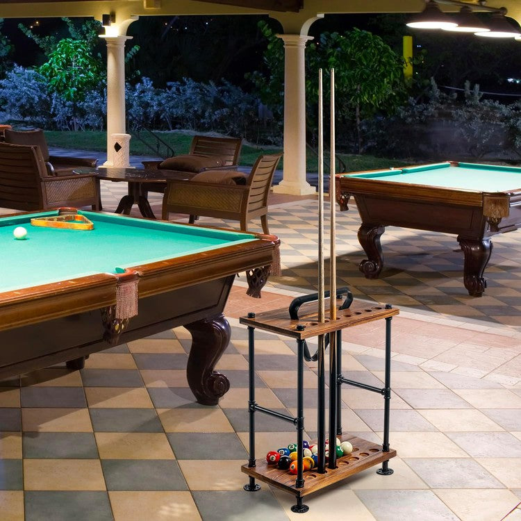 Brown Wood and Black Metal Pool Cue Stick Holder, Ball Holder, and Triangle Rack Hook Organizer Stand-MyGift