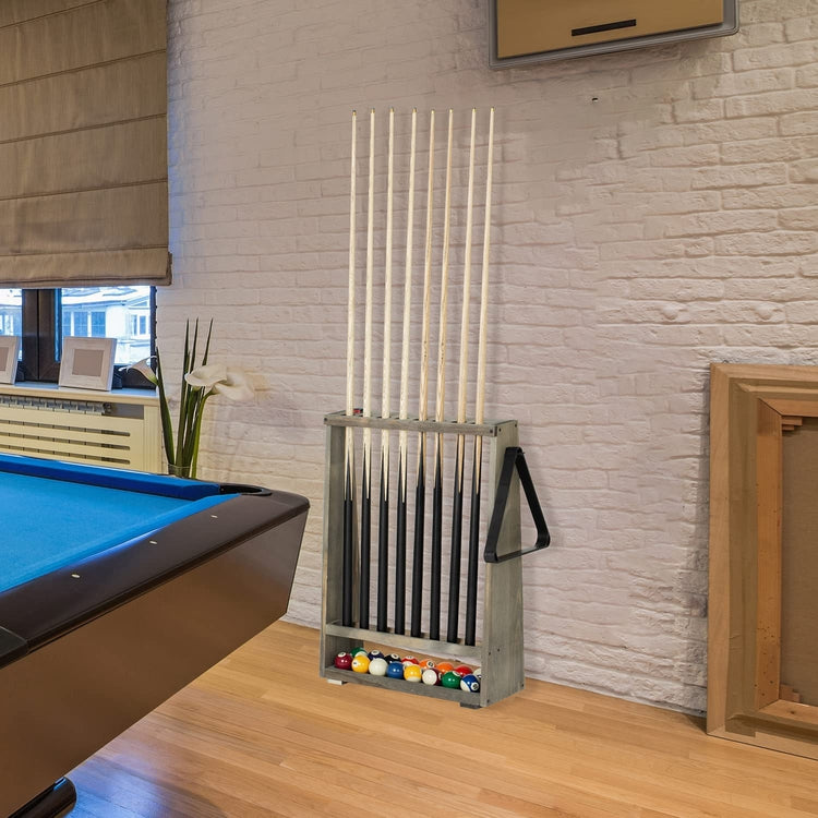 Freestanding Billiards Storage Rack, Gray Wood Floor Standing Pool Cue Holder, Ball Storage, Triangle Rack Hanging Hook-MyGift