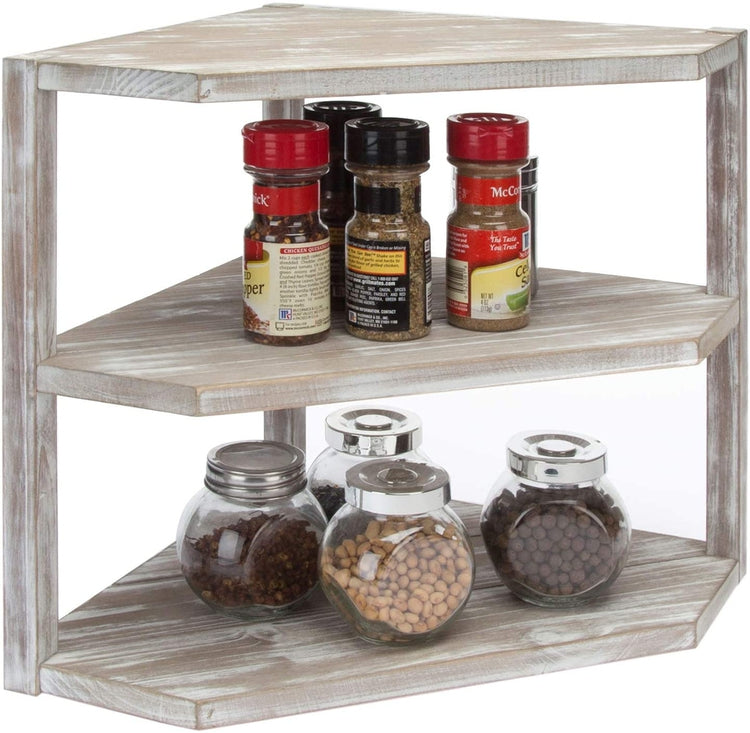 3-Tier Whitewashed Brown Wood Kitchen Counter Top Corner Organizer Shelf-MyGift