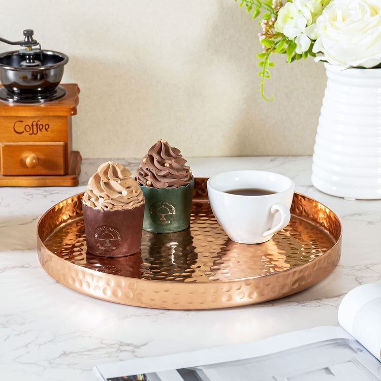 Hammered Copper Round Tray, Aluminum Plated Serving Display Platter and Vanity Tray-MyGift