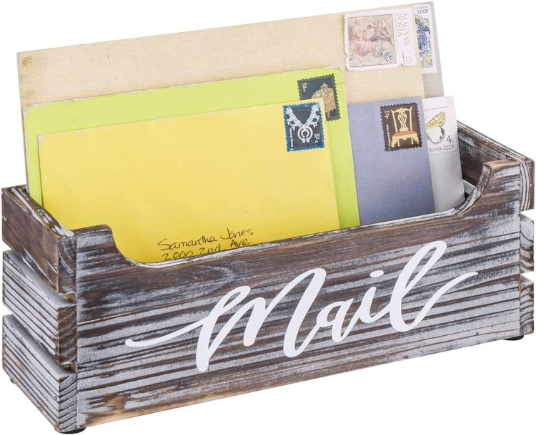 Torched Wood Mail Holder, Office Desktop Crate Organizer with Cursive Writing "Mail" Label-MyGift