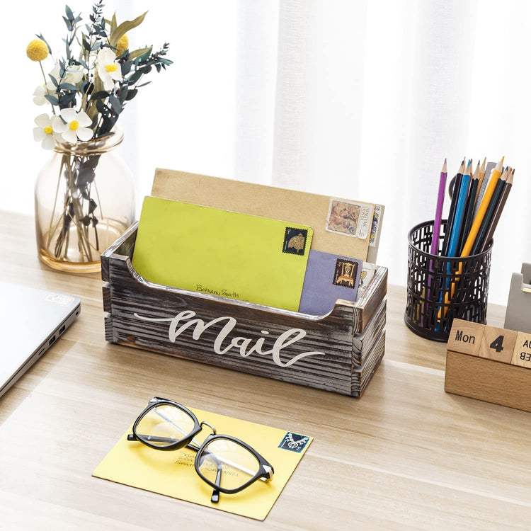 Torched Wood Mail Holder, Office Desktop Crate Organizer with Cursive Writing "Mail" Label-MyGift