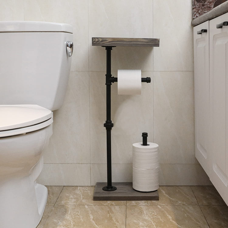 Gray Wood and Industrial Metal Pipe Freestanding Toilet Paper Roll Holder Stand with Reserve Storage and Top Shelf Tray-MyGift