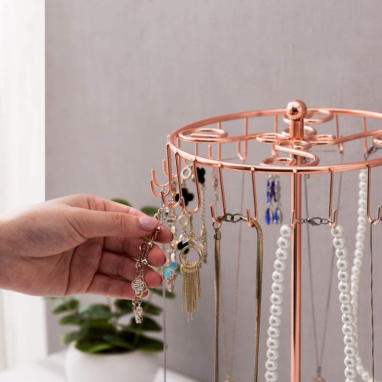 14-Inch Copper Scrollwork Necklace Holder Rack with Rotating Carousel and 24 Hooks-MyGift