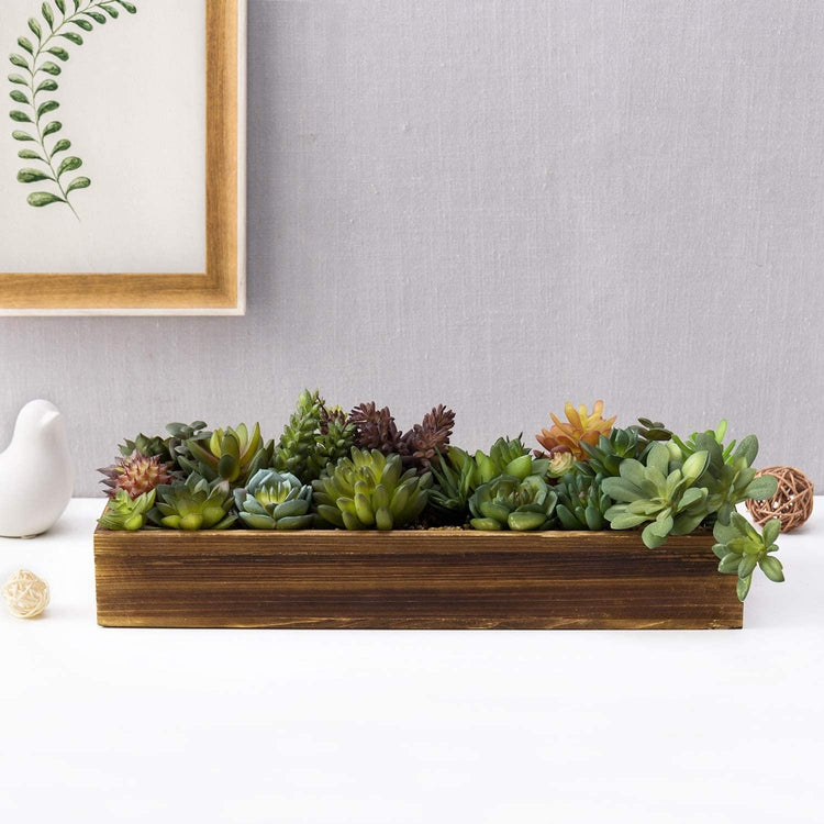 15-Inch Artificial Assorted Succulent Plant Arrangement in Rustic Burnt Wood Planter-MyGift